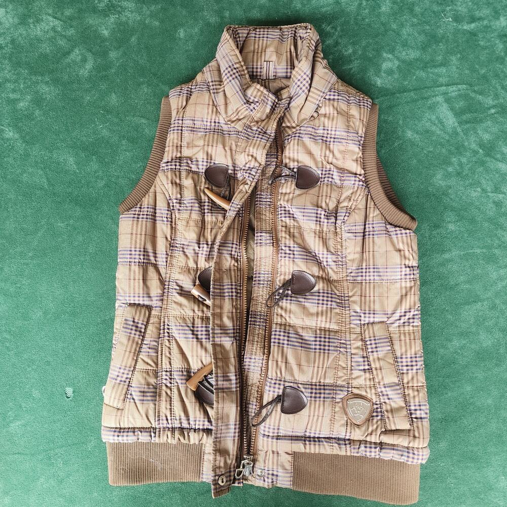 Ariat International Plaid Puffer Vest Brown Blue Toggle Front Size S/P